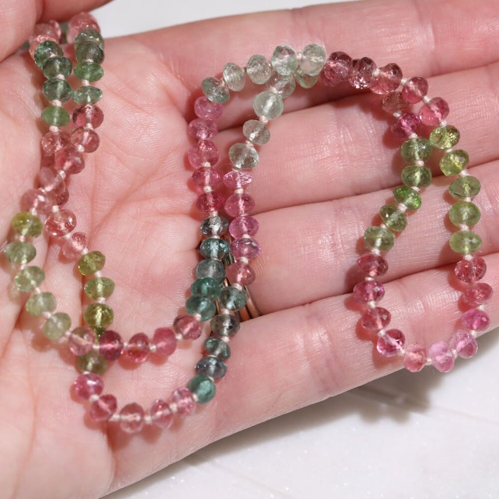 Afghani Tourmaline Pastel Pink Greens and Blues Knotted Candy Bead Necklace 14k
